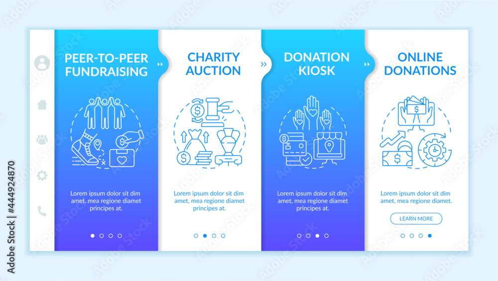 Fototapeta premium Collecting money event ideas onboarding vector template. Responsive mobile website with icons. Web page walkthrough 4 step screens. Donation kiosk, auction color concept with linear illustrations