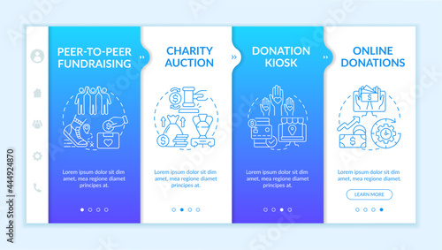 Collecting money event ideas onboarding vector template. Responsive mobile website with icons. Web page walkthrough 4 step screens. Donation kiosk, auction color concept with linear illustrations