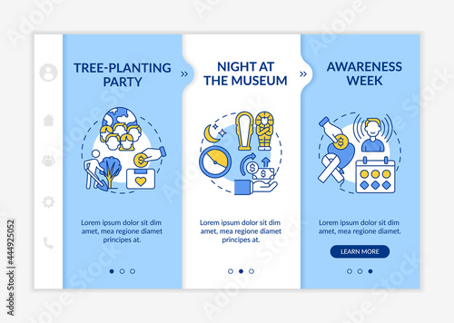 Fundraising campaign ideas onboarding vector template. Responsive mobile website with icons. Web page walkthrough 3 step screens. Tree-planting party color concept with linear illustrations