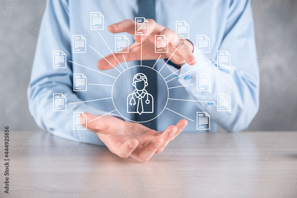 Document Management System DMS .Businessman hold doctor and document icon.Software for archiving, searching and managing corporate files and information.Internet Technology Concept.Digital security. Document Management System DMS .Businessman hold doctor and document icon.Software for archiving, searching and managing corporate files and information.Internet Technology Concept.Digital security.