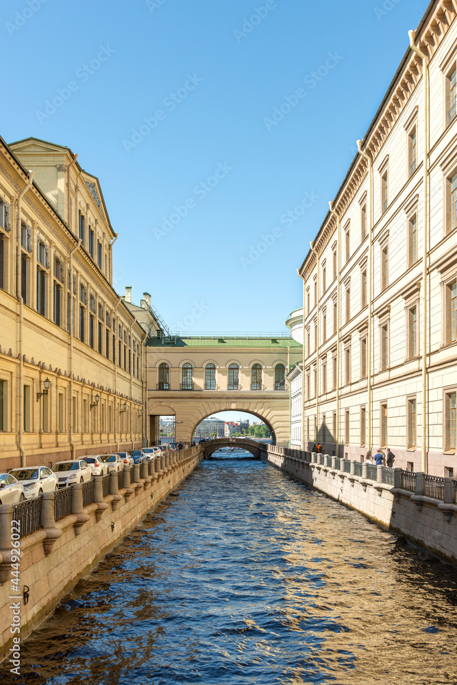 Shot of the Winter Bridge near the Hermitage in St. Petersburg in Russia in the historical part of the city.
