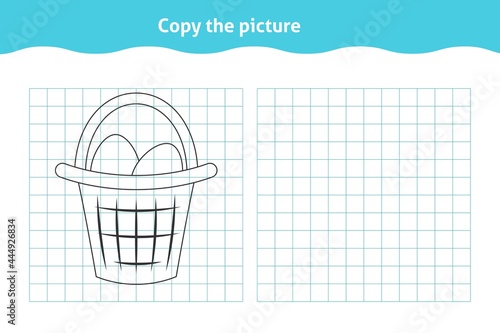 Copy the picture. Educational game, repeat image for toddlers. Worksheet with basket with eggs for kindergarten and 
preschool. Children pastime, traning for visual perception