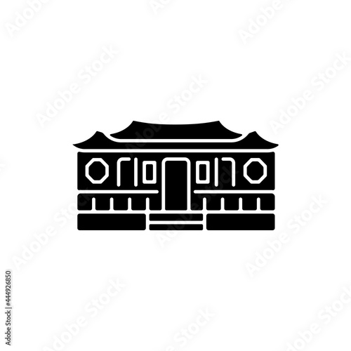Longshan temple black glyph icon. Taipei old village part. Oriental cult ancient building. Taiwan national property. Asian architecture. Silhouette symbol on white space. Vector isolated illustration