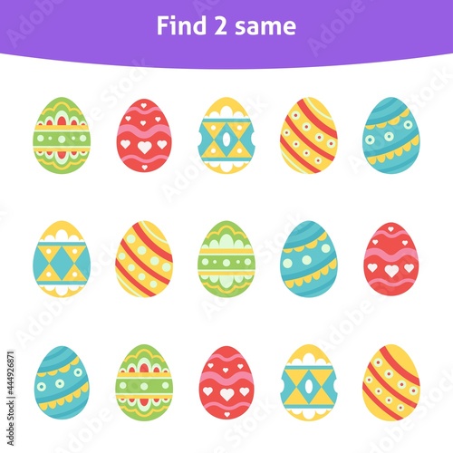 Educational game for children. Find two same. Ornate Easter eggs. Printable page for kindergarten and preschool.