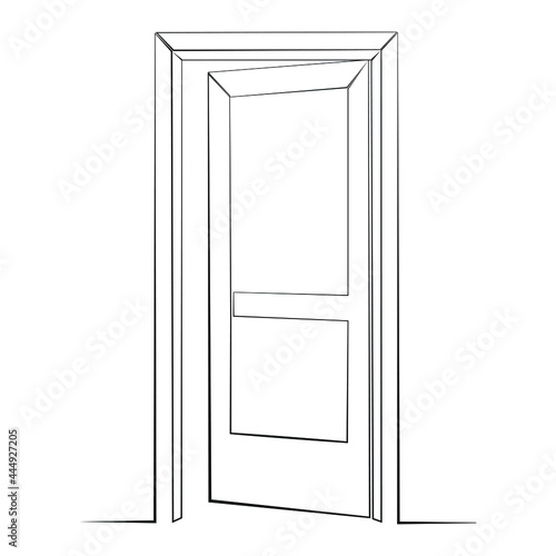 Opened door line drawing on white isolated background
