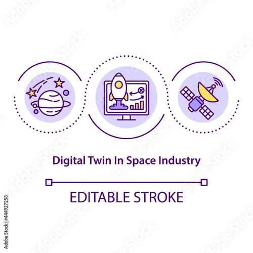 Digital twin in space industry concept icon. Innovational computer systems. Modern automation systems abstract idea thin line illustration. Vector isolated outline color drawing. Editable stroke