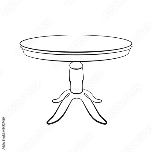 Round dining table on one leg line drawing on white isolated background