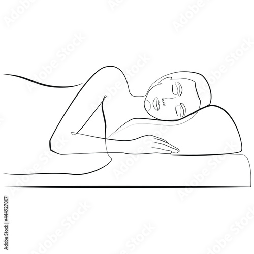 Side view of a young woman with a smile on her face sleeping on a comfortable orthopedic pillow line drawing on white isolated background