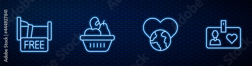 Set line The heart world - love, Free overnight stay house, Donation food box and Volunteer id card badge. Glowing neon icon on brick wall. Vector