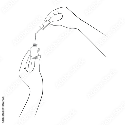 Female hands opening nail polish close up, line drawing on white isolated background