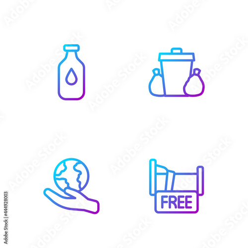 Set line Free overnight stay house, Hand holding Earth globe, Bottle of water and Trash can. Gradient color icons. Vector