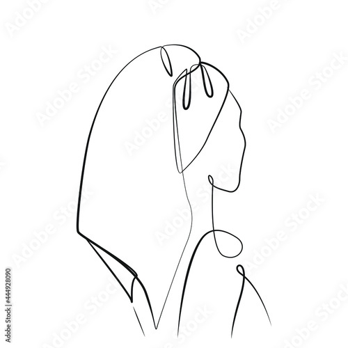 Young woman with towel on her head stands with her back turned line drawing on white isolated background