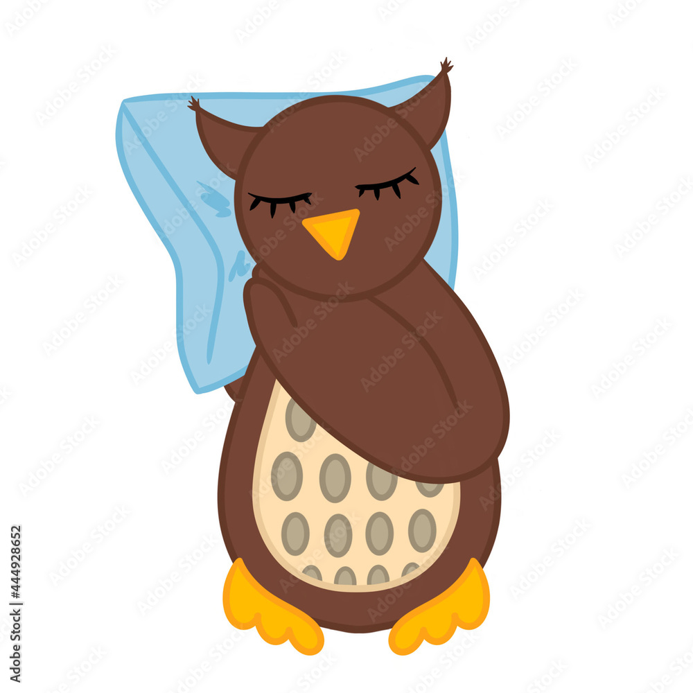 Fototapeta premium Sleepy owl sleeps on pillow on white background. Vector illustration. Design element for poster label sign emblem menu
