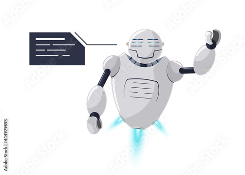 Cute friendly smiling robot character with speech bubble. Futuristic white chatbot mascot and message sign. Tech cartoon online bot communication. Robotic AI assistance talk vector eps illustration