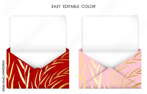 realistic open gold red envelope with blank sheet of paper inside. Detailed congratulatory template. Japanese, Asian ornament on red envelope. Vector
