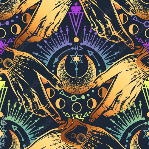 Vector illustration, magical astrology, Alchemy, spirituality and occultism, magic symbol in hands, print on t-shirt, Handmade, seamless pattern, dark blue background, gold color