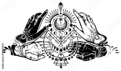 Vector illustration, magical astrology, Alchemy, spirituality and occultism, magic symbol in hands, print on t-shirt, tattoo, Handmade