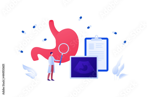Medical ultrasound procedure concept. Vector flat healthcare illustration. Endocrinology and stomach diagnostic. Female doctor with magnifier glass and medicine capsule symbol. Design for health care.