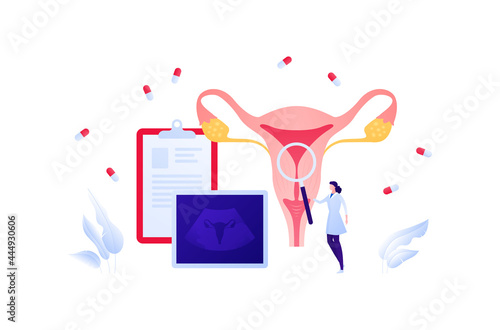 Medical ultrasound procedure concept. Vector flat healthcare illustration. Female reproductive system and uterus diagnostic. Female doctor with magnifier glass and medicine capsule symbol.