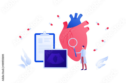 Medical ultrasound procedure concept. Vector flat healthcare illustration. Cardiology and heart diagnostic. Male doctor with magnifier glass and medicine capsule symbol. Design for health care.