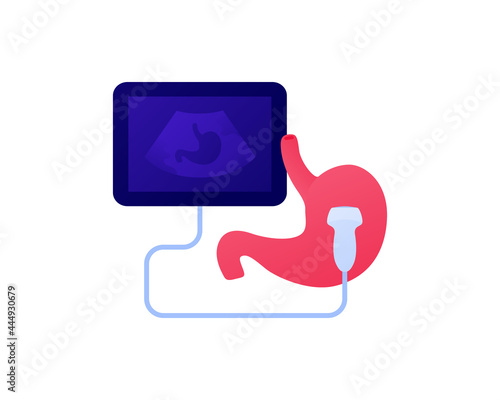 Medical ultrasound procedure concept. Vector flat healthcare illustration. Endocrinology and stomach diagnostic color icon symbol. Ultrasonography device symbol. Design for health care.