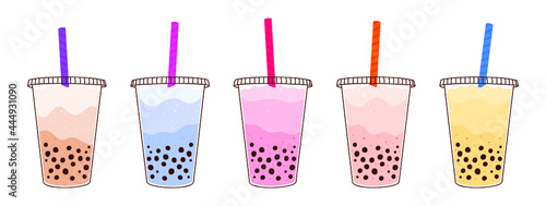 Vector set of cold Taiwanese tea with milk and tapioca in a plastic cup. A drink with different tastes and aromas. Isolated design on a white background.