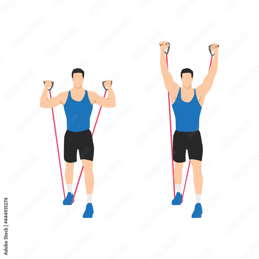 Man doing Resistance band standing shoulder press. overhead press ...