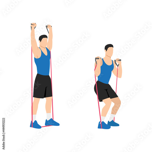Man doing Resistance band squat and overhead press exercise. Flat vector illustration isolated on white background