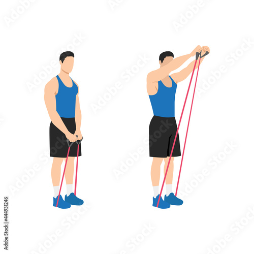 Man doing Resistance band shoulder front raises exercise. Flat vector illustration isolated on white background