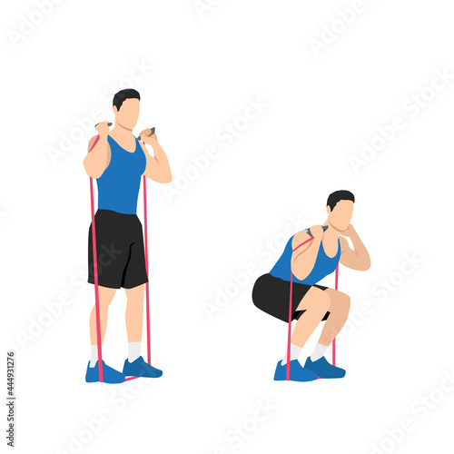 Man doing Resistance band squats exercise. Flat vector illustration isolated on white background