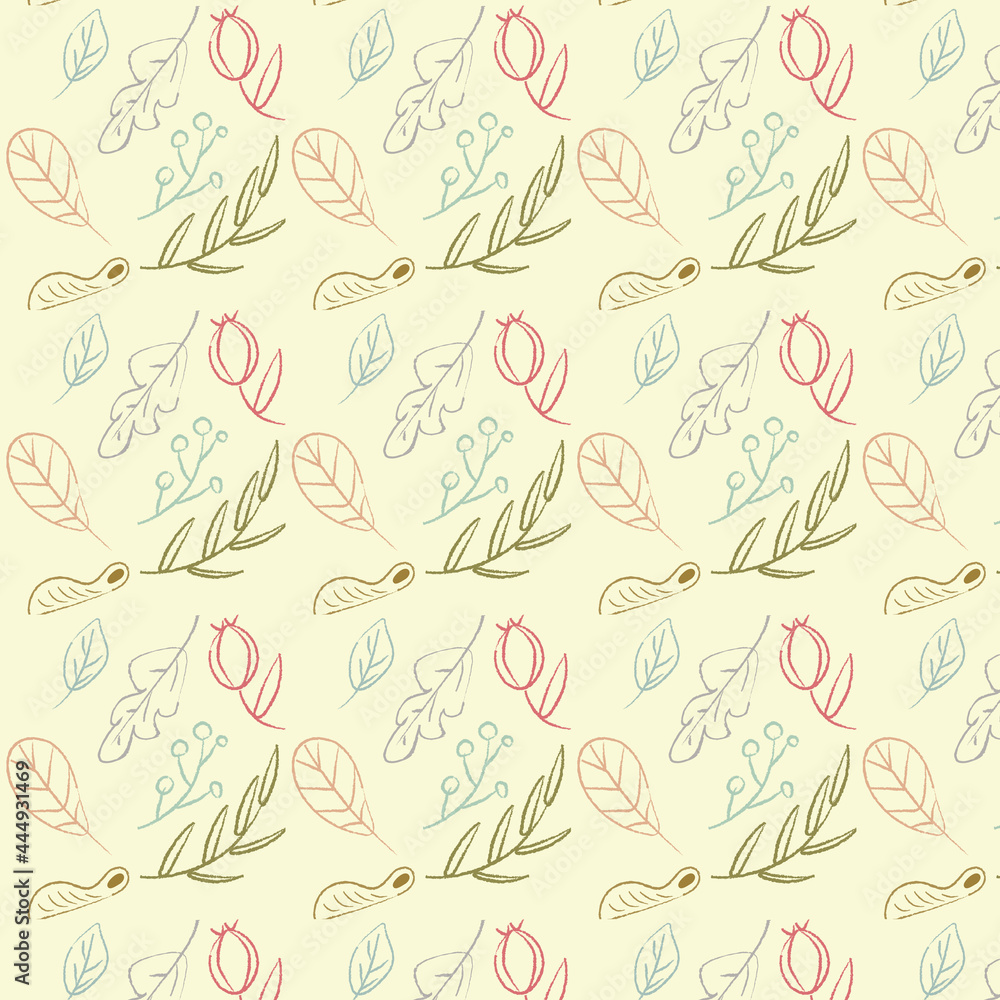 Autumn, summer, spring pattern in light, pastel colors. Leaves, flower Autumn, summer, spring pattern in light, pastel colors. Leaves, flower