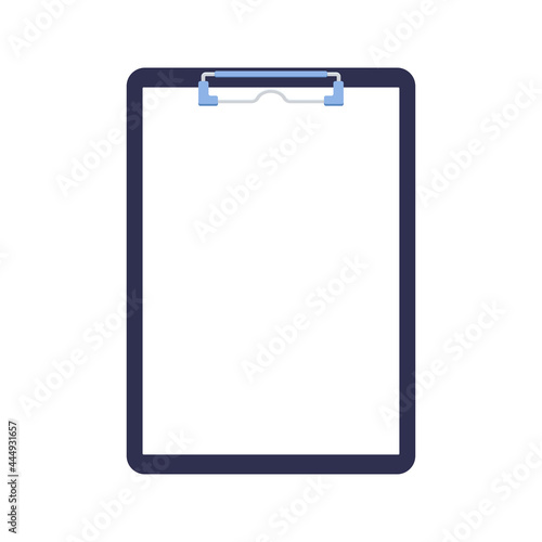 Clipboard with paper sheet blank and blinder clip isolated on white background. Vertical tablet with empty file for checklist, notes, questionnaire. Flat design cartoon style vector illustration.