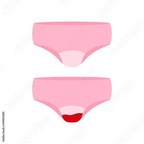 Panties with menstruation blood and clean icon set isolated on white background. Female menstrual blood flow loss on reusable underpants. Flat design vector feminine hygiene concept illustration.
