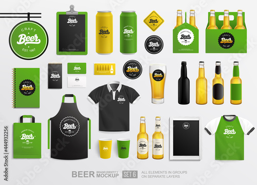 Beer brand identity mockup set with logo concept and bottles package. set of glass bottle mockup, Tin Can, packaging box. Beer shop and Pub Branding  mockup set with vintage beer logo. Vector template