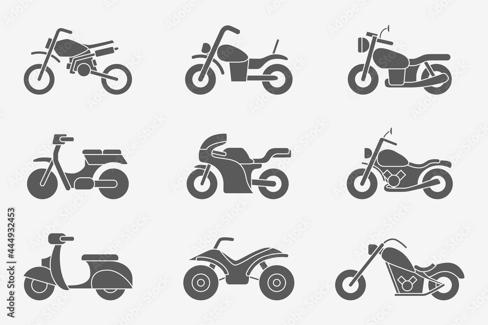 Obraz premium Motorbike Icons set - Vector silhouettes of motorcycle, bike, chopper, scooter and other transportation for the site or interface