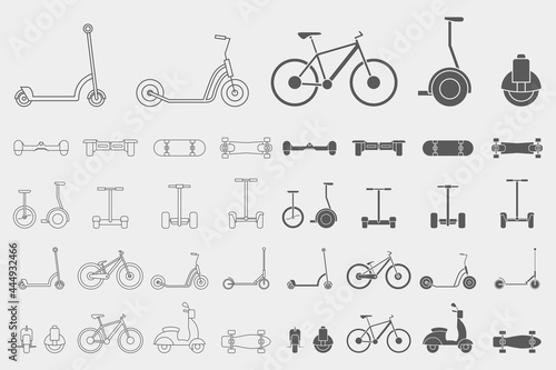Electric transport Icons set - Vector outline symbols and silhouettes of scooter, skate, skateboard and bike for the site or interface