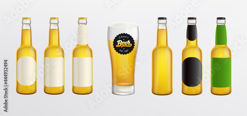 Glass beer bottle wit logo for mockup design. Beverage package design. Beer shop and Pub Branding  mockup set. Vector template