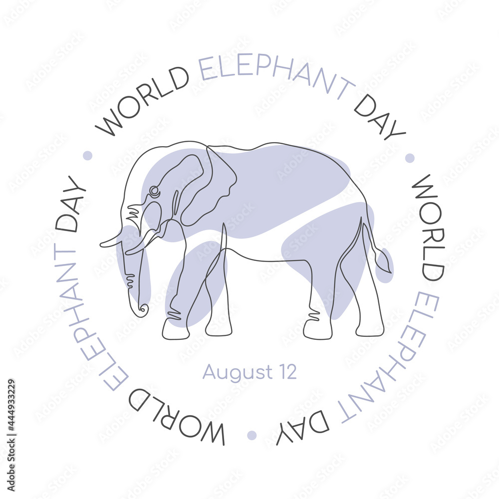 Black single one line drawing of the Elephant with blue spots  isolated on white. One line art design. Vector illustration for World Elephant Day, postcard, banner, web, advirtising, articles.