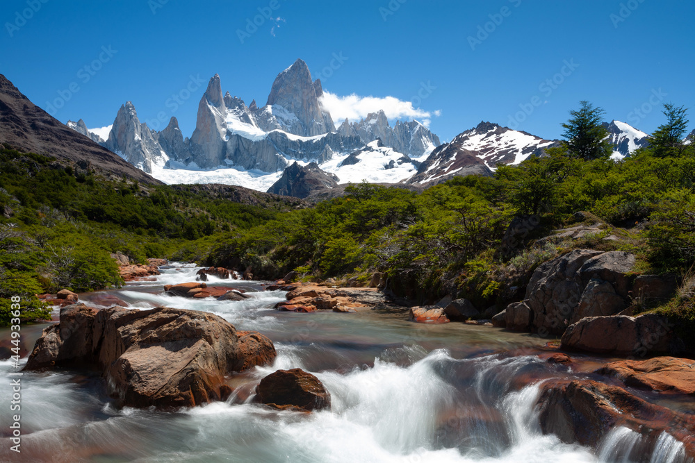 Mount Fitz Roy cerro. Los glaciares National Park, El Chalten, Patagonia Argentina. South america best travel destination for climbing and hiking in the mountains.