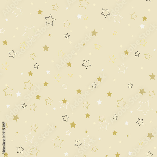 Star pattern on gold color, vector christmas seamless background. Template for the holidays Christmas and New Year. Simple starry continuous wallpaper or packaging.