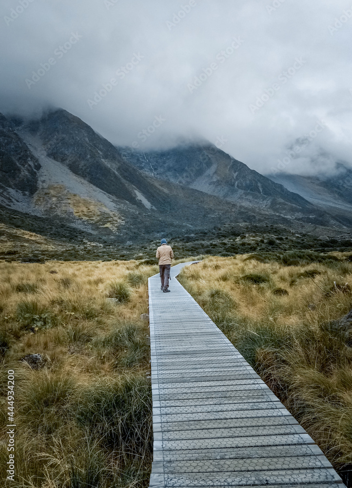 A Man walks at Hooker Valley Track in New Zealand
