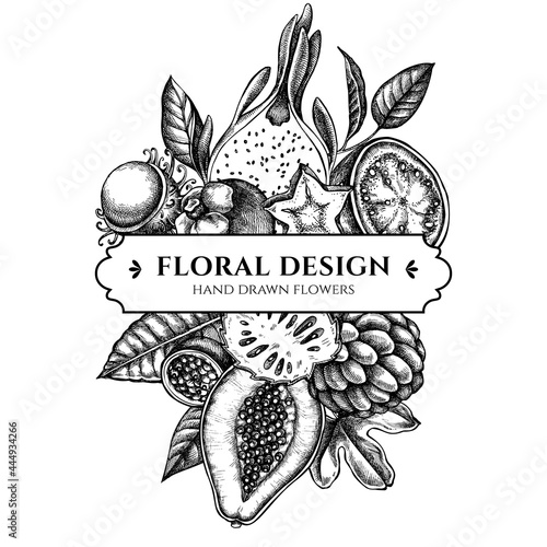 Composition design with black and white papaya, guava, passion fruit, starfruit, durian, rambutan, pitaya, jackfruit, sugar-apple, soursop, mangosteen