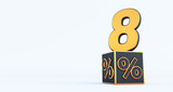 gold eight 8 percent number with Black cubes  percentages isolated on a white background. 3D render