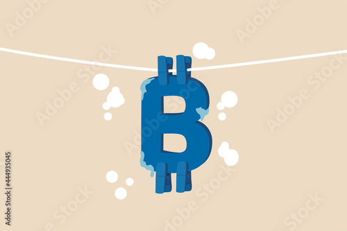 Bitcoin and cryptocurrency using for money laundering or payment in dark market, financial crime or criminal ransom pay concept, drying B alphabet with pegs as Bitcoin symbol after laundering.