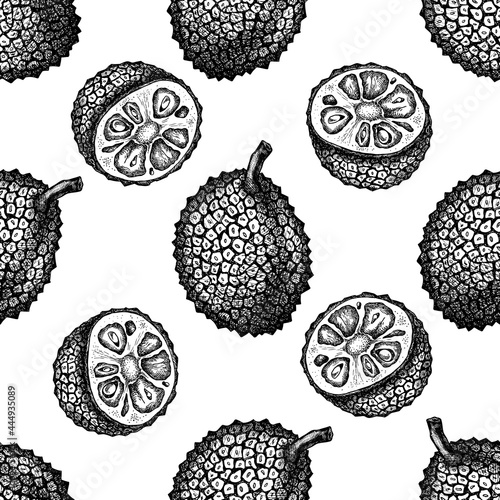 Seamless pattern with black and white jackfruit