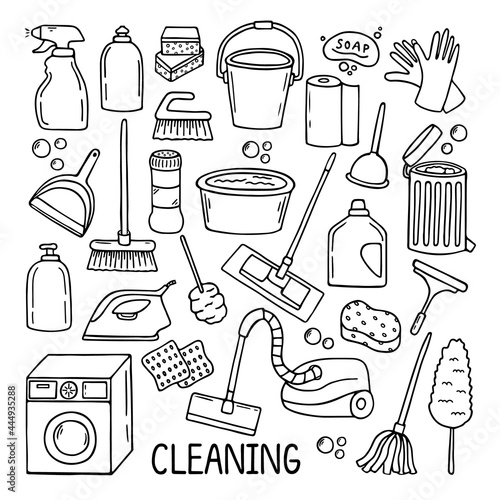 Set of Cleaning service doodle. Sketch of cleaning equipments, sponge, bucket, mop, vacuum, broom. Hand drawn vector illustration isolated on white background. 
