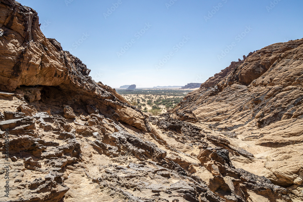 Aerial panorama inside canyon aka Guelta d'Archei, Chad, Africa