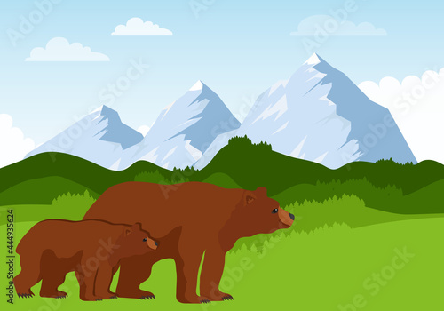 Mountain landscape with bears  realistic mountain landscape with a group of bears. Vector  cartoon illustration. Vector.