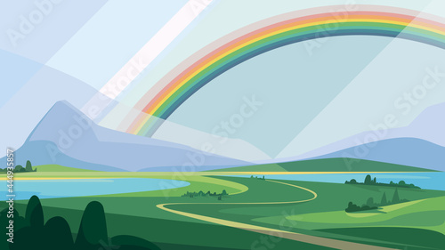 Landscape with mountains and rainbow. Beautiful natural scenery.