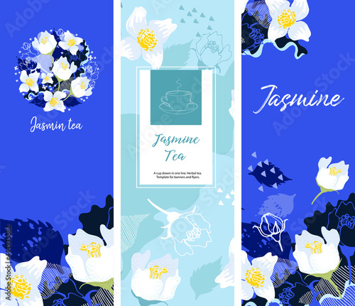 Blue backgrounds with jasmine leaves and flowers. Tea with jasmine.